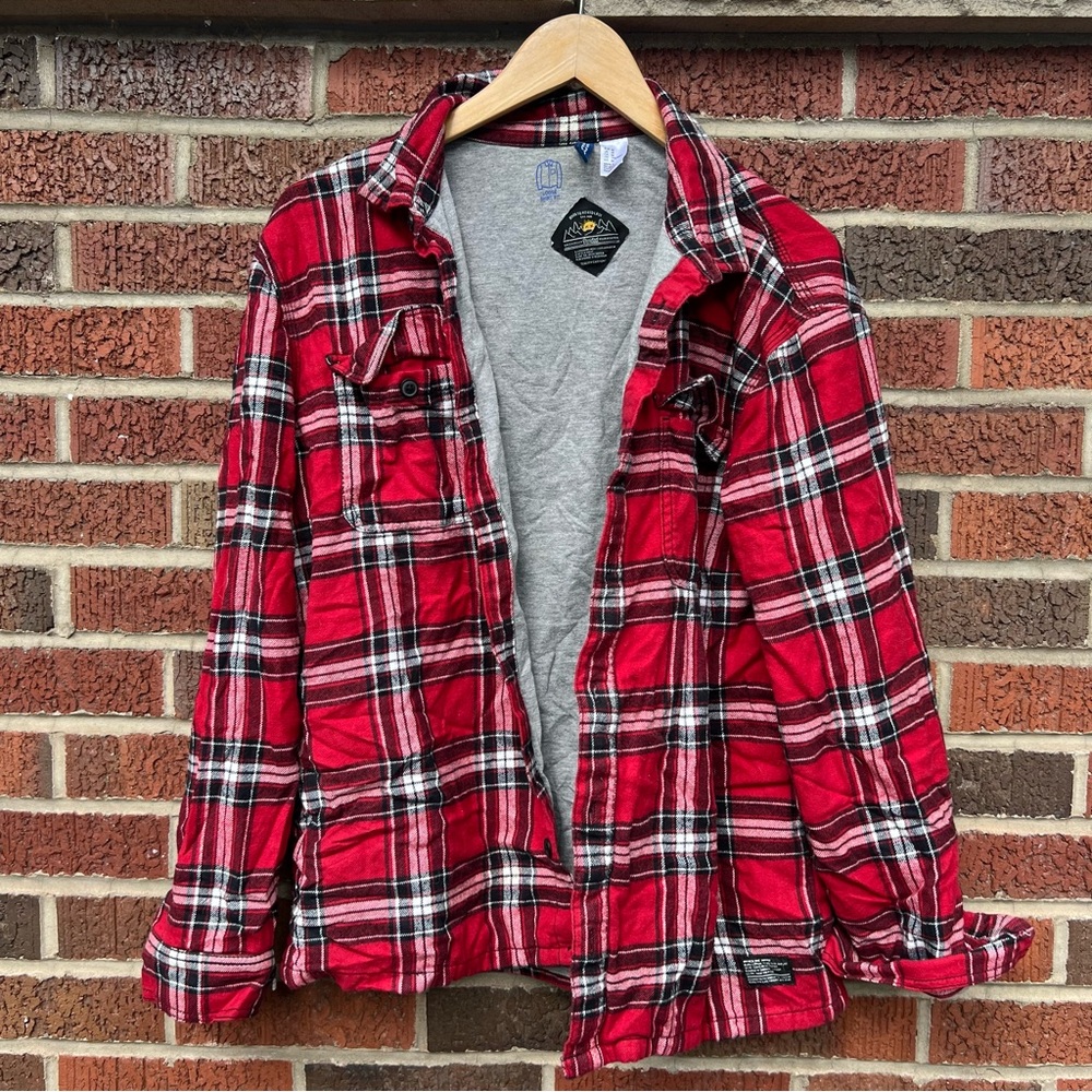 H&M Divided Dark Red and Blue Plaid Gray Interior Button Down Flannel Shirt